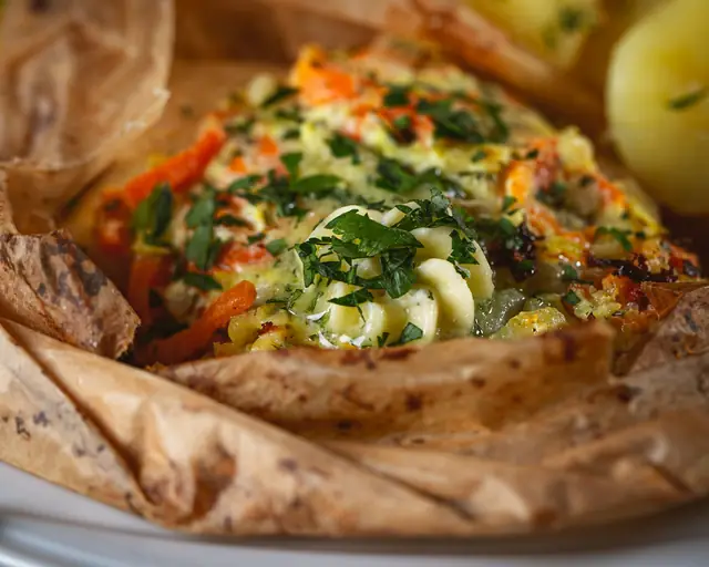 Halibut zapiekany w pergaminie z warzywami